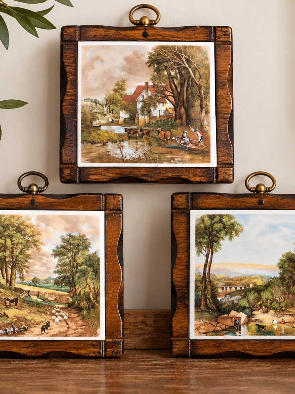 Vintage 1978 Jerry Schultz Co. Handcrafted Pine and Ceramic Tile Wall Plates Set